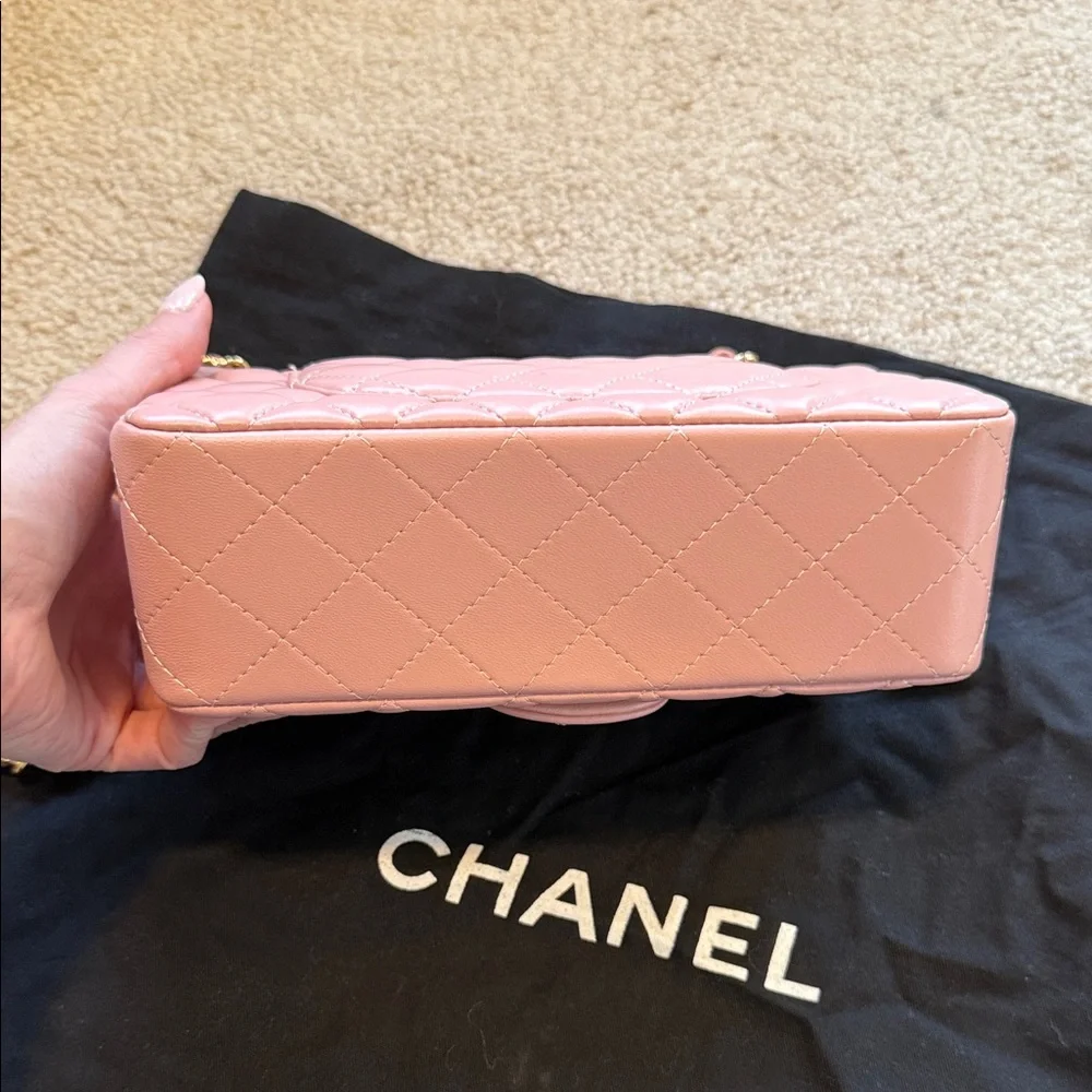 CHANEL Pink Quilted Lambskin Mini Flap Bag with Gold Chain - Picture 3 of 7